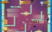 An app showing a maze with a cartoon mouse escaping cartoon cats whilst eating cheese