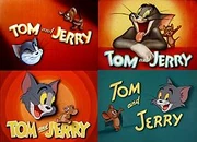 The four title cards used in the original Tom and Jerry shorts.