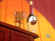 Jerry rescuing Cheezy, who has been trapped in a glass bottle by Tom