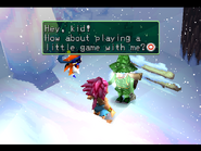 Tomba and Zippo talking to a man in green in the The Hidden Diary! event.