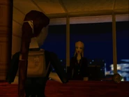 Lara Croft face à Sophia Leigh dans son bureau de SLinc au quartier de la City à Londres dans Tomb Raider III.