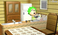 A Mii cooking in their home.