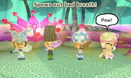 An Imp and his party acting disgusted towards a horrible stench, spewed out by the Mii Frog.