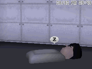 A Mii sleeping in their apartment.