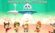 A Mii UFO stealing a Cat's HP Bananas.