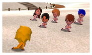 A group of Miis exercising in the park, one of them having trouble keeping up.