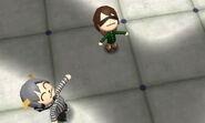 Two miis that are in a friendship waving at an overhead plane.