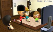 One Mii playing on the Wii U while the other Miis watch.