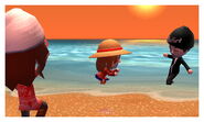 A Mii witnesses two others splashing each other.