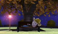 A Mii sleeping on the bench at night.