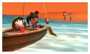 Two Miis fishing while another two wave in the background.