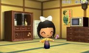 An Easygoing Mii dancing happily in her apartment.