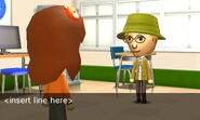 A Mii making a confession to another Mii in the classroom.