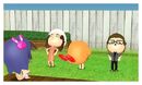 The scenery around the three Miis stretching in a backyard, while one Mii watches in the Japanese and Korean version.