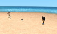 Two Miis playing beach soccer.