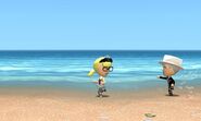 A Mii playfully running from her sweetheart on the beach.