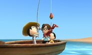 A Mii fishing in a boat catches a crab.