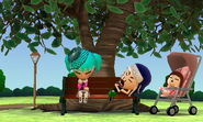 A family of Miis sleeping on a bench at the park.