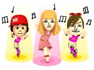 A trio of Miis performing a Pop song.