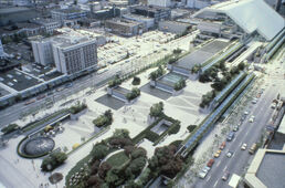 Top down photo of Robson Square showing the area between the ice rink and Law Courts.