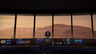 TOM in the Bridge (control room) of the Vindication, with TOM looking at the Shogian mountains in the window.