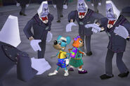 Big Wigs surrounding two toons during a mega invasion.