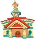An illustration of Mickey Toon Hall's exterior from Toontown JP.