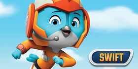 Swift in orange uniform, in front of a sky background, with his name "Swift" written