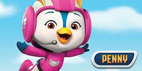 Penny in pink uniform, in front of a sky background, with her name "Penny" written