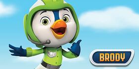 Brody in green uniform, in front of a sky background, with his name "Brody" written