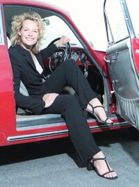 Kate Humble in a Jaguar E-Type as part of a promotional shot for Series 43, Episode 16.