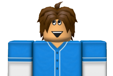 roblox character with blue spiky hair and kerbt shirt