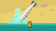 The zeppelin crashes into the sea after the collision with Cameron's rocket.