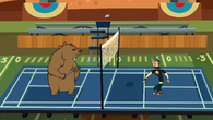 Duncan and the bear play badminton.