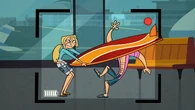Bridgette knocks out Geoff with her surfboard.