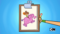 Izzy draw herself on an elephant.