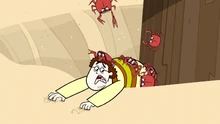 Sam is attacked by crabs after falling in the moat.