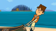 Cody tries to pull his and Gwen's canoe into the water.