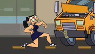 Eva works out by pulling a bus with her teeth.