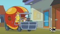 The kids and Thingameroo get out of the daycare with the mascots' car.