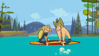 Bridgette and Geoff flirt on a surfboard