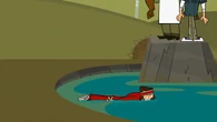 Tyler lands face-first into a pond.