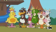 The bird mascot tells the other mascots to attack Thingameroo.