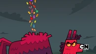 A pinata monster accidentally destroys itself with Izzy's baseball bat.