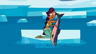 Sierra uses a large trout to steer her ice floe to Cody.