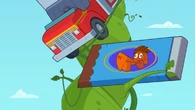 The firetruck and the chocolate bar get stuck to the beanstalk.