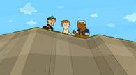 Lightning, Scott, and Duncan watch the Drama Machine fall off the cliff.