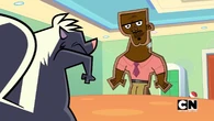 The skunk sees the cardboard cutout of Chef.