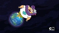Owen flies into the space.