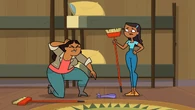 Millie is repeatedly hit with a broom by Priya while training inside of their cabin.